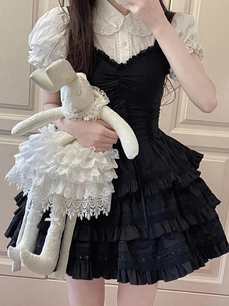 LAVASEON Spitze Kleid Süßes Oberteil und Unterteil Rüschenband und Hosenträger Mini Lolita Prinzessin Mori Girl Schönes Schwarzes Damen 2-teiliges Set, Set, Hemd,