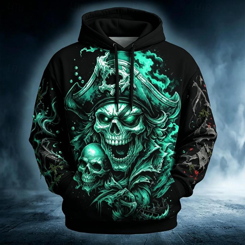 Men's Fire Pirate Skeleton Skull Chain Flame Print Hoodie Drawstring Pocket Horror Adventure Street Fashion Pullover Tops