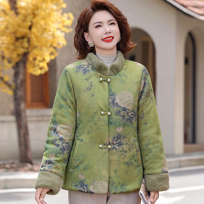 

2025 Stylish Velvet-lined Winter Cotton Jacket for Middle-aged & Elderly Women - Chinese Style 6XL зелений