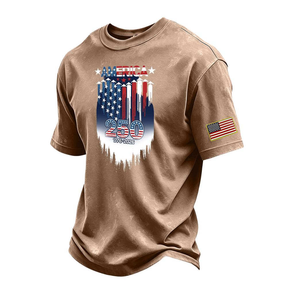 Men's Vintage Washed Short Sleeve Crew Neck T-Shirt with Patriotic Graphic Print and Sleeve Flag Patch Casual Fit