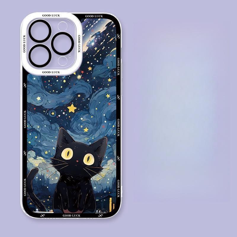 Starry Night Black Cat Case for Realme C53 C55 C67 C63 C33 C30 C35 C51 C21Y C25Y C20 7i 8i 9i 9 10 12 Pro Plus 8 9 Pro 5G Cover