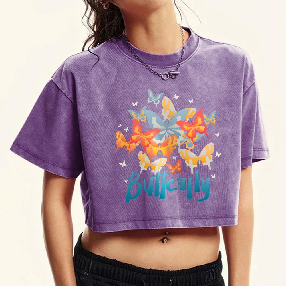 Colorful Butterfly Printed Crop Snow Wash T Shirt Washed Fashion Summer Short Sleeve Cotton Clothes Cotton T-Shirts