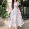 First Love French Square Collar Romantic Floral Chiffon Dress Women's Summer Large Size Temperament Waist Thin Fairy Dress