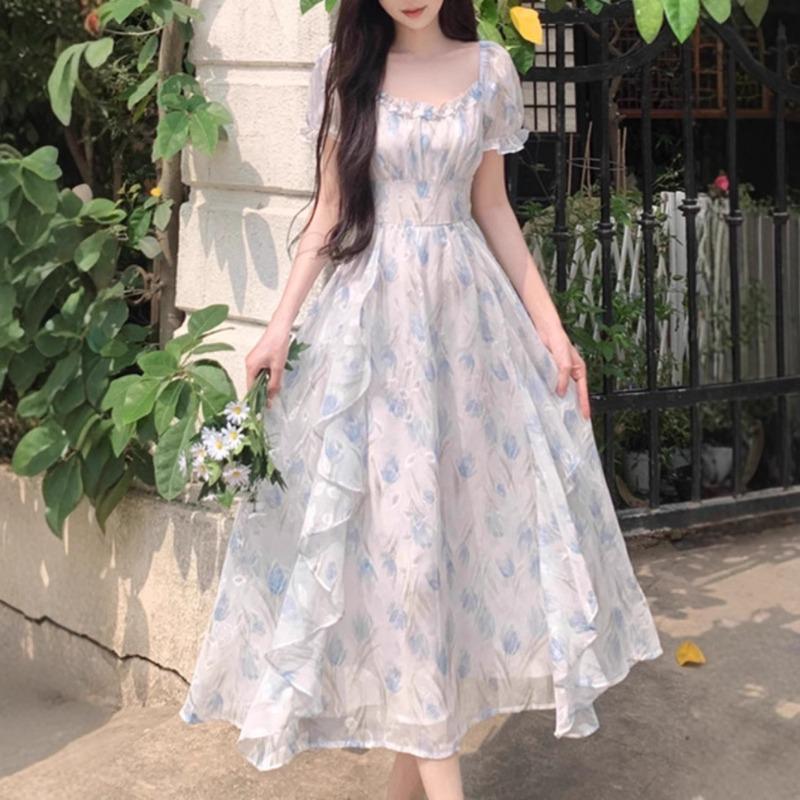 First Love French Square Collar Romantic Floral Chiffon Dress Women's Summer Large Size Temperament Waist Thin Fairy Dress