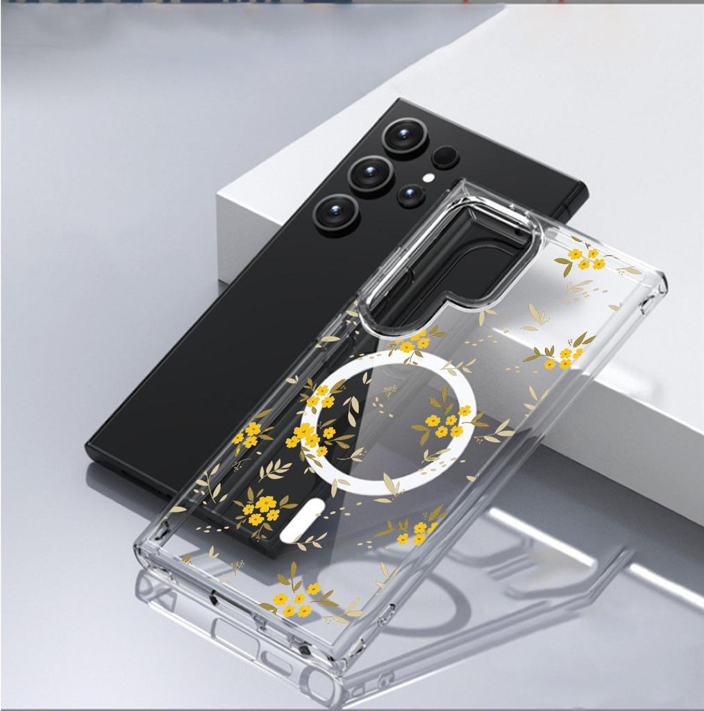 Yellow Floral Magnetic Case for iPhone 14/15/16/17 Pro Max - Transparent Full Coverage