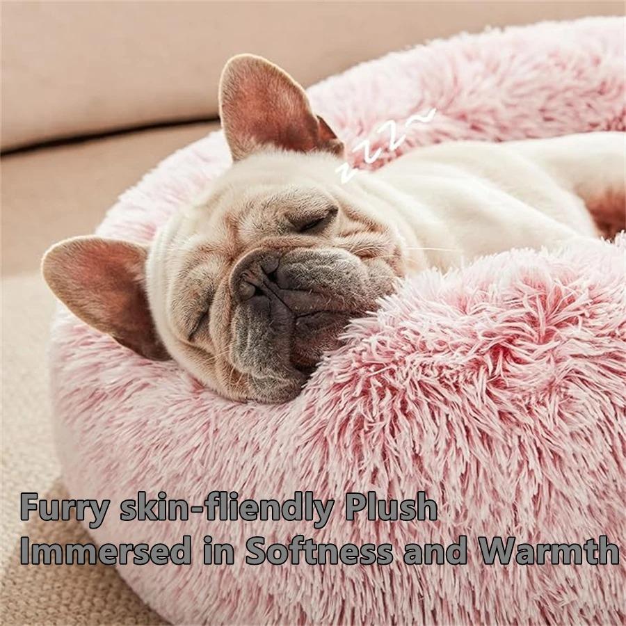 Soft Pet Cat Bed Pad Plush Warm Faux Fur Dog Calm Bed Donut Round Bed Comfortable Sleeping Washable for Small Medium Dog and Cat