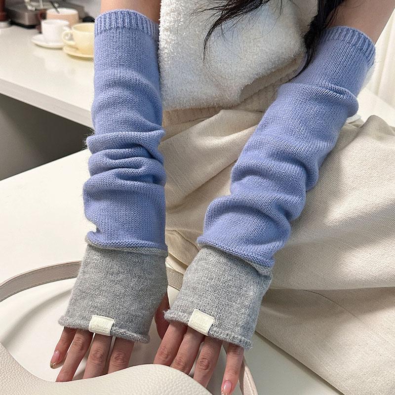Imitation Wool Knitted Gloves For Women Winter Warm Arm Sleeves Touch Screen Mittens Separate Fingers Color Blocking Arm Cover