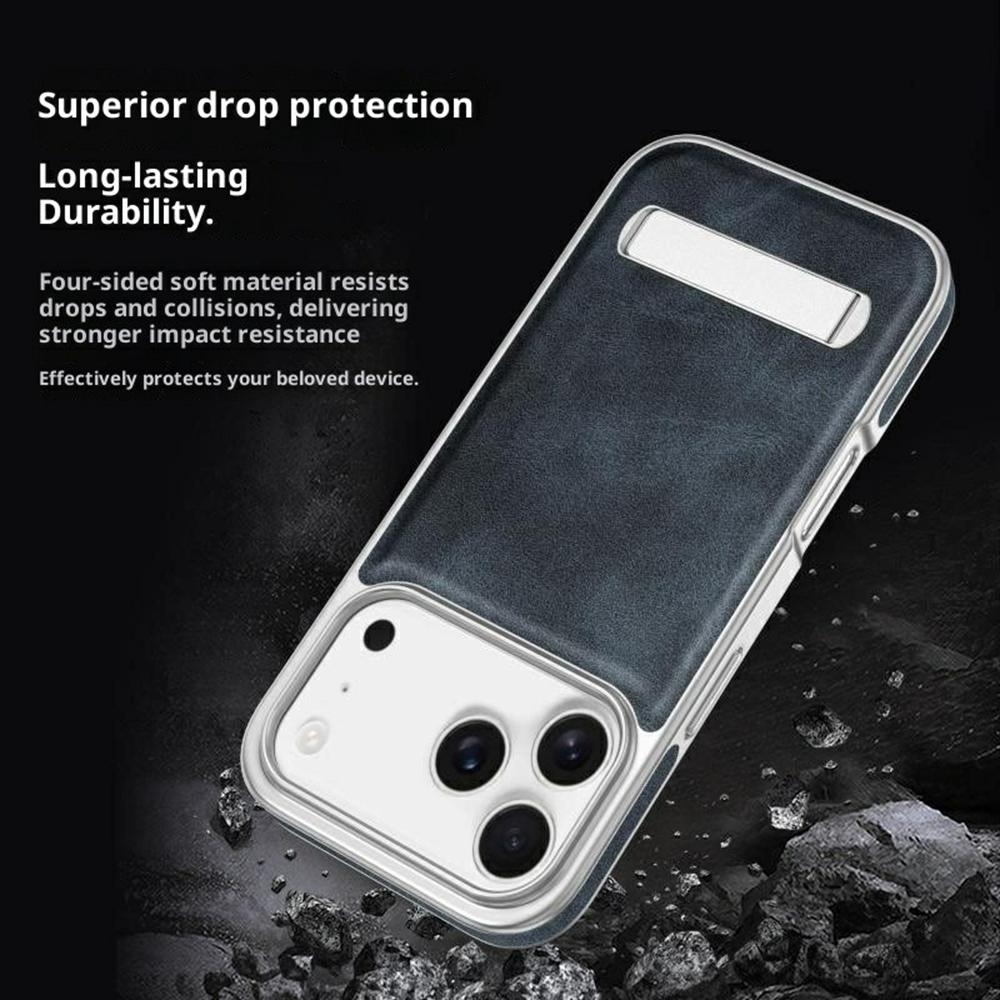 For iPhone 17 Pro Max Case with Hidden Kickstand Leather + PC + TPU Matte Electroplated Phone Cover