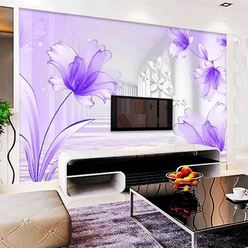 Mural de Perete cu Flori Purpurii Modern Minimalist Creativ Tapet Foto Pentru Pereți Living Dormitor Decor Acasă Frescă