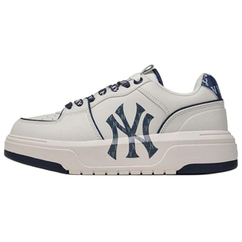 

MLB New York Yankees Synthetic Leather Abrasion Resistant Mid top Skateboard Shoes Unisex White Navy Blue Sneakers 3ASXM046N-50NYS 37.5