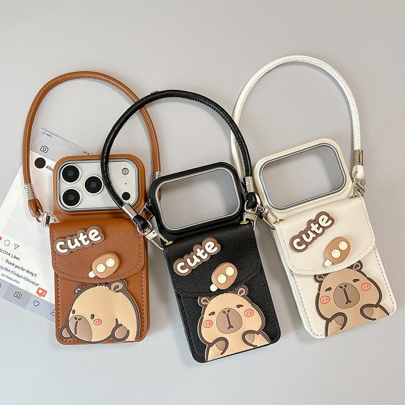 Cartoon Capybara Wallet Card Case Portable Rope Mobile Phone Case For Apple 16 Lanyard Iphone17Promax Soft Case