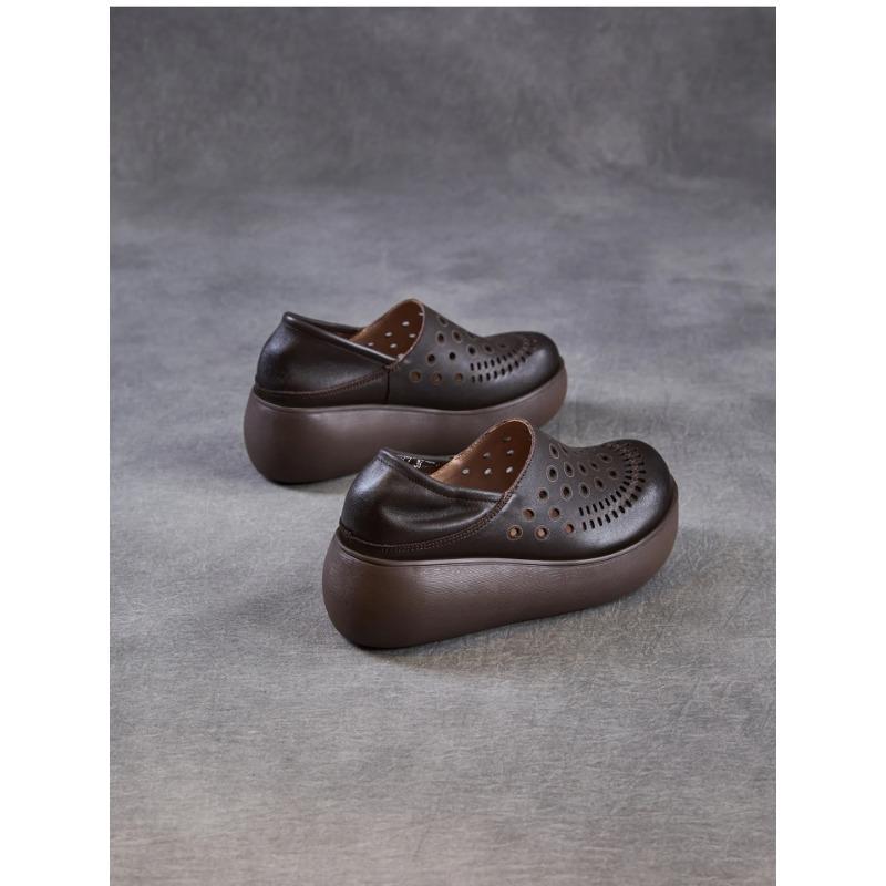 Johnature Echtes Leder Ausgeschnittene Keilsandalen mit dicker Sohle Bequeme und atmungsaktive Damen-Schlupfschuhe