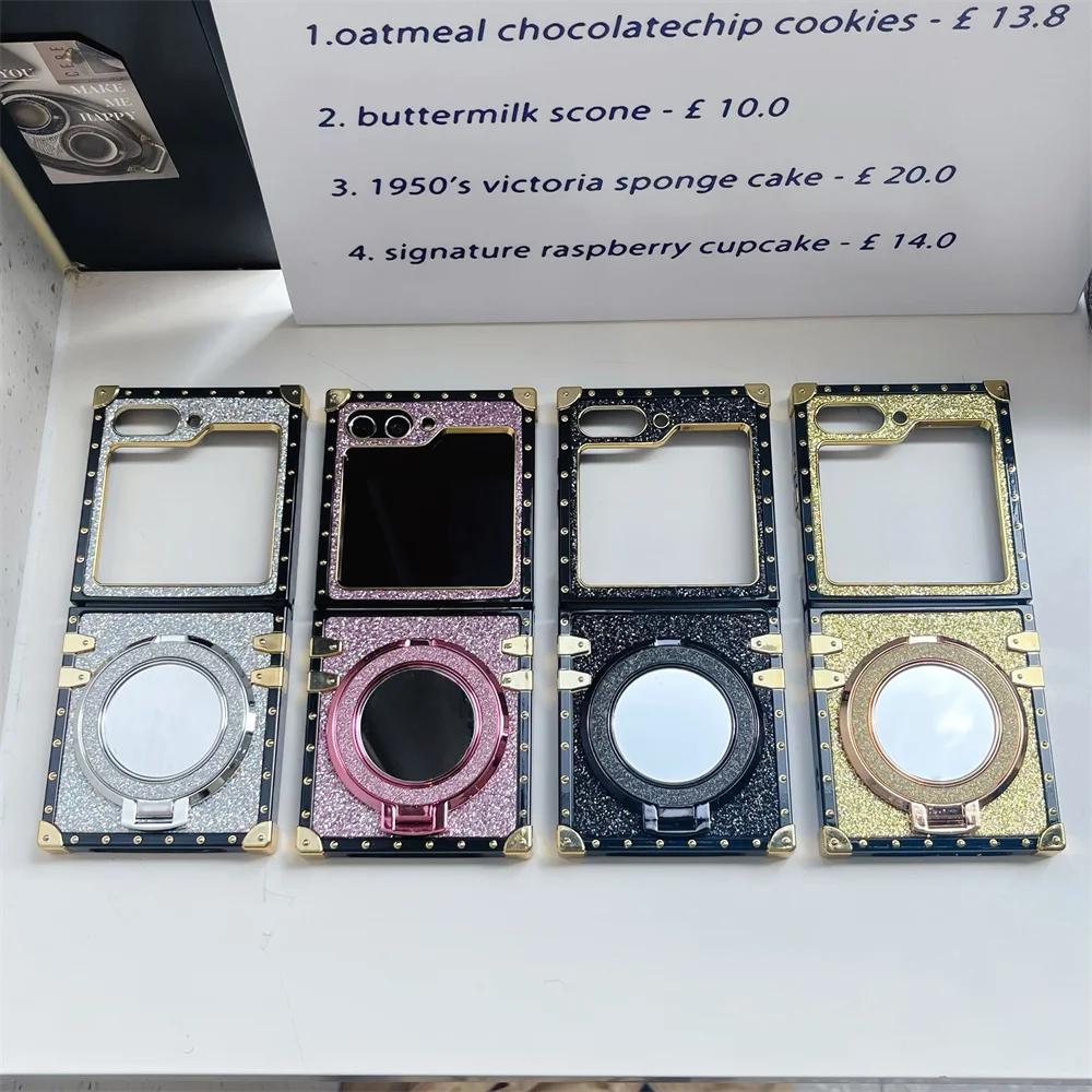 Verchromung Bling Glitzer Niedlich Mädchenhaft Handyhülle mit Spiegel Magnetischer Halter Für Samsung Galaxy Z Flip 6 5 4 3 5G Rückseite
