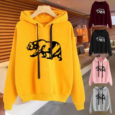 2025 Autumn Hoodie Solid Color Bear Pattern Hooded Korean Fashion Sweatshirts Long Sleeve Top Drawstring Pockets Loose Hoodies