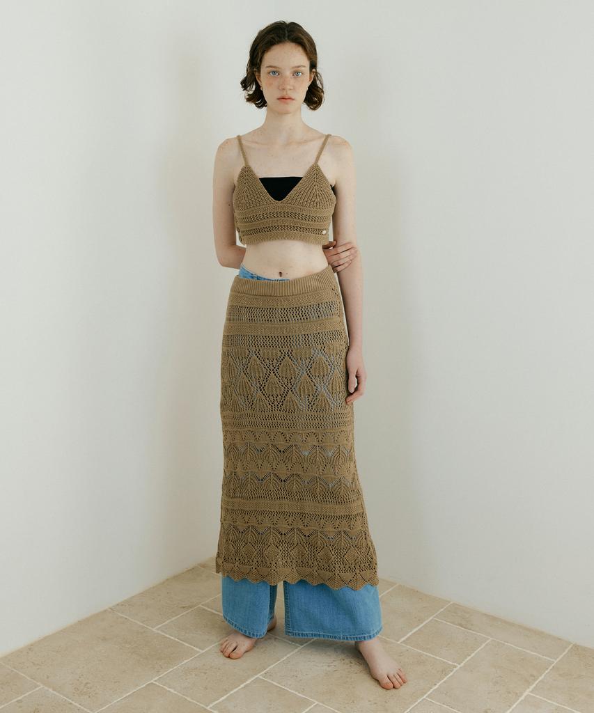 LUCIR ZU Weave Crochet Two-Piece (Top & Skirt) (Brown)