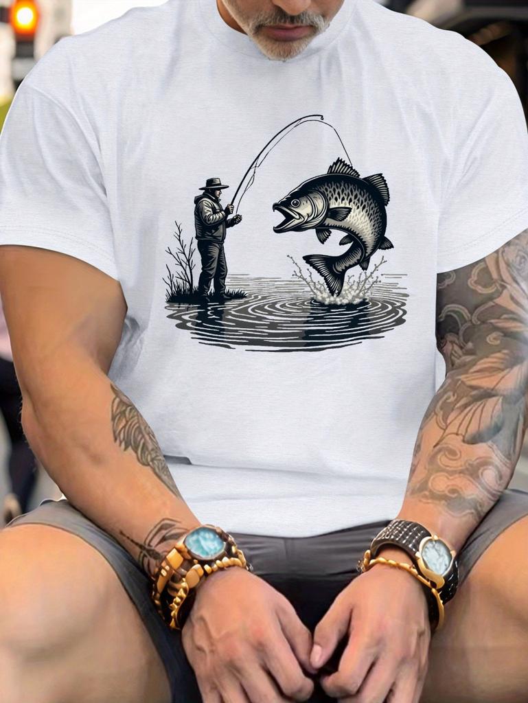 Men's Summer Fun Fishing Pattern T-Shirt Minimalist Solid Color Short Sleeve Top Fashion Versatile Skin Friendly Men's Clothing
