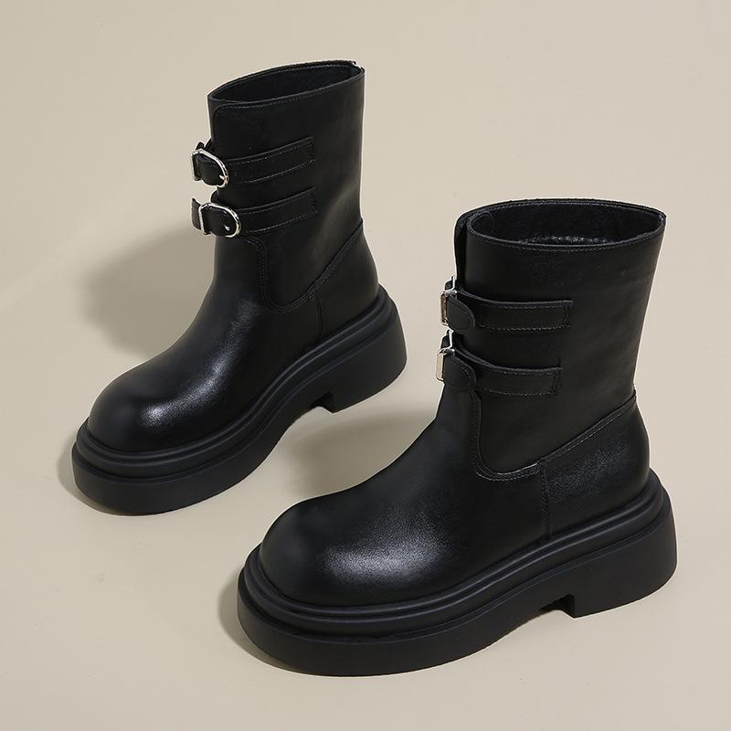 

Модные осенне-зимние кожаные ботильоны с пряжкой на ремне для женщин, модные ботинки на платформе с мягкой подошвой, дизайнерская корейская повседневная обувь для женщин 35