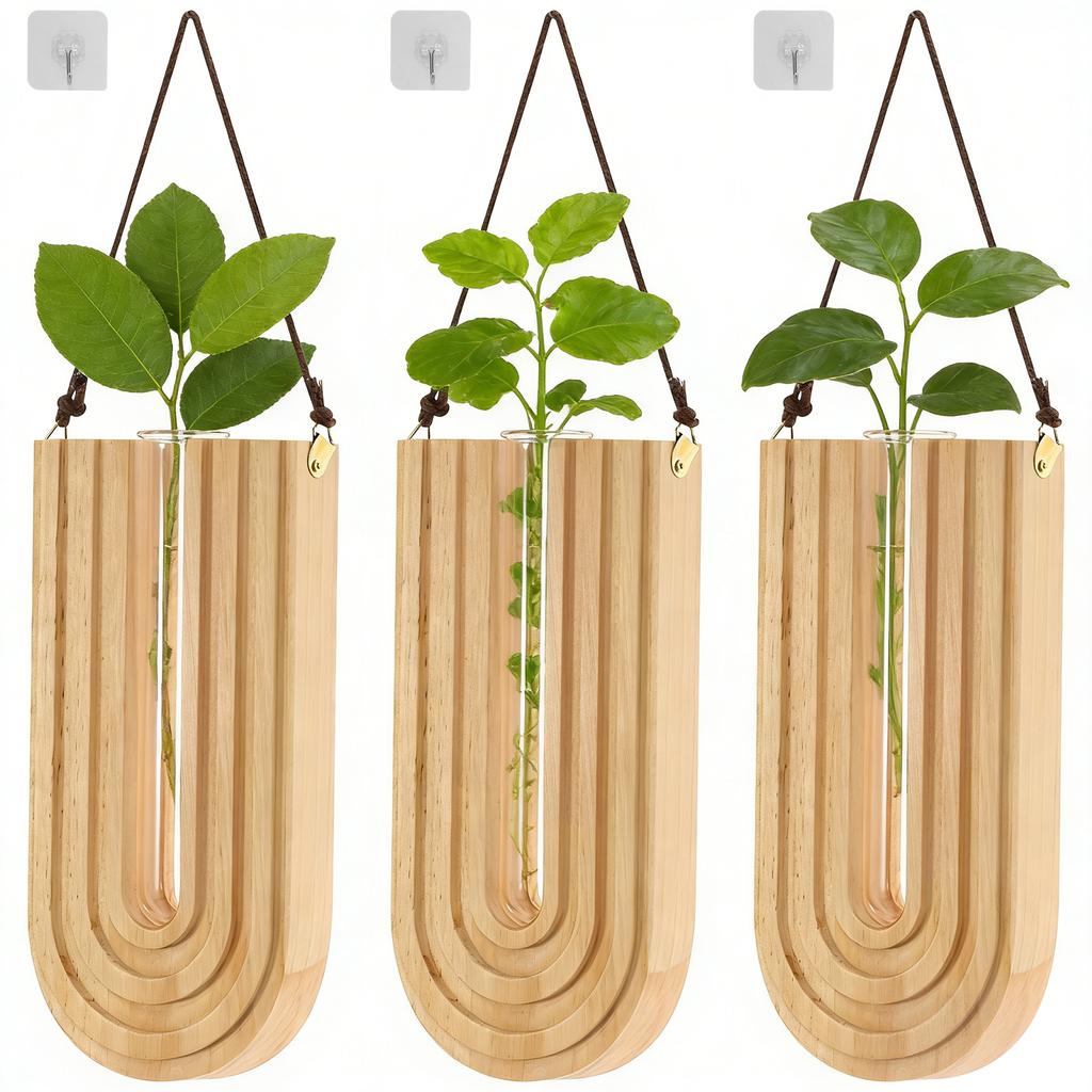 3 Stuks Eenvoudige Houten Bloemenvaas Wandmontage Vaas Binnenplant Vermeerderingsstation Hangende Plantenbak voor Binnen Huisdecoratie