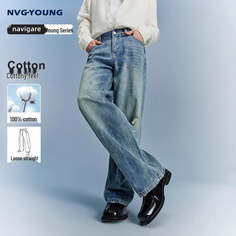 NVG·YOUNG Men s Ripped Loose Straight-Leg Denim Jeans 33