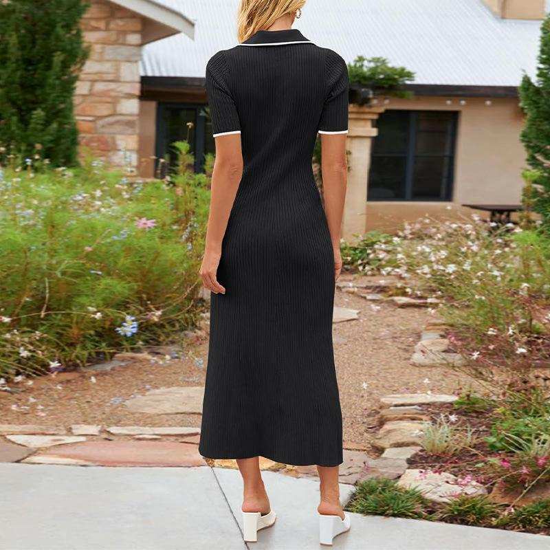 Vestido de malha feminino europeu e americano Amazon primavera lapela de alta qualidade justo ao corpo com ajuste na cintura médio e longo