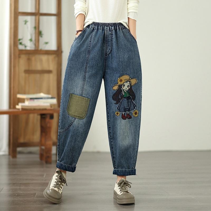 Plus Size Vintage Embroidery High Waist Casual Loose Women Spring Summer Autumn Jeans Denim Harem Pants