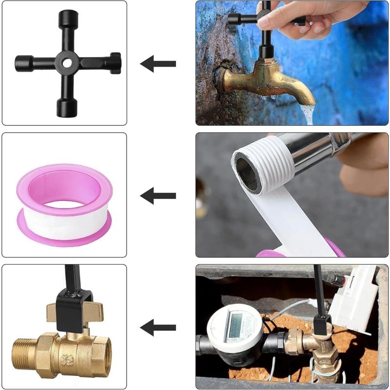 Regulowany Klucz do Licznika Wody Składany Stalowy Uchwyt T Klucz do Wody Wielofunkcyjny 4-kierunkowy do Naprawy Kranów Hydraulika