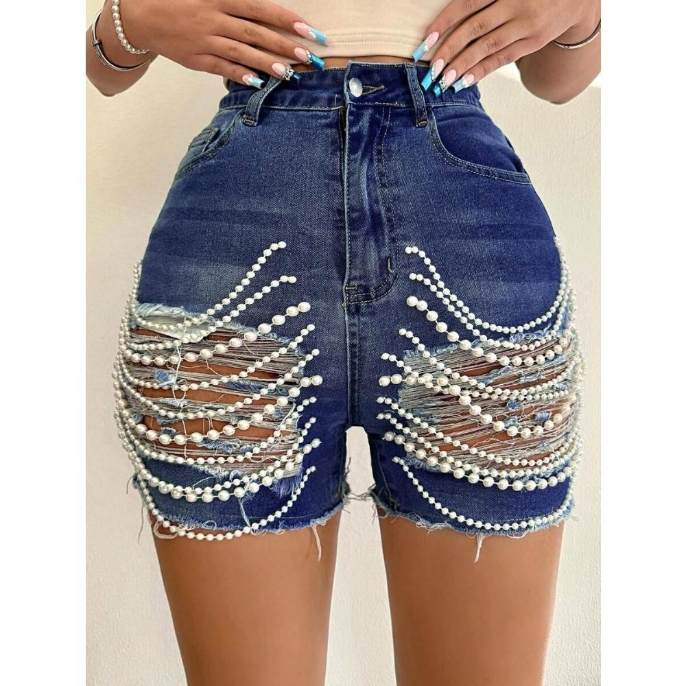 Women's High Rise Distressed Denim Shorts Straight Leg Pearl Beaded Hot Pants Streetwear Summer Casual Jean Shorts For Club Party Daily Wear