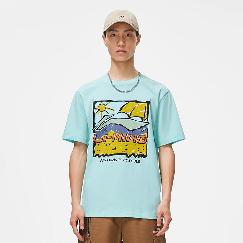 Li-Ning Sports Life Cartoon Print Round Neck Short Sleeve Drop Shoulder T-Shirt Unisex Tops Blue AHST543-3