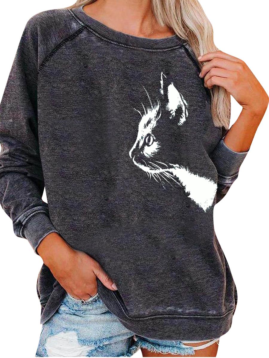 

Женский свитшот весна/осень, женский модный топ с принтом кошки, свитшот-пуловер оверсайз 3XL серый