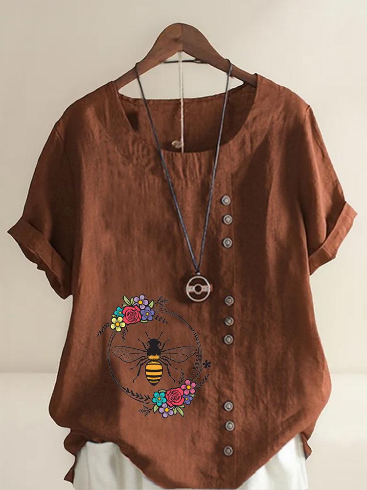Women's Fashion Bee Flowers Print Shot Sleeve T-shirt Loose Cotton Shirt Casual Loose Summer Blouse Tops Plus Size