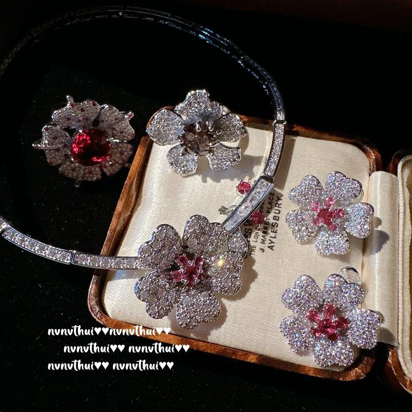Papalacha Flowery Gemstone Necklace, Antique, Plated With 18K Gold, Pink Hot Pink Flower Zircon Ring Combination.