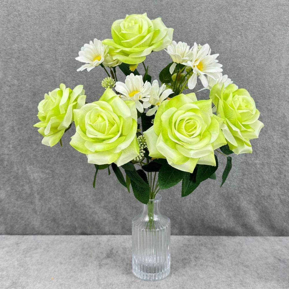 Multicolor Artifcial Rose Flower Curled Edge Petals Green Leaves Faux Flower Rose Accesssories Desktop Ornament