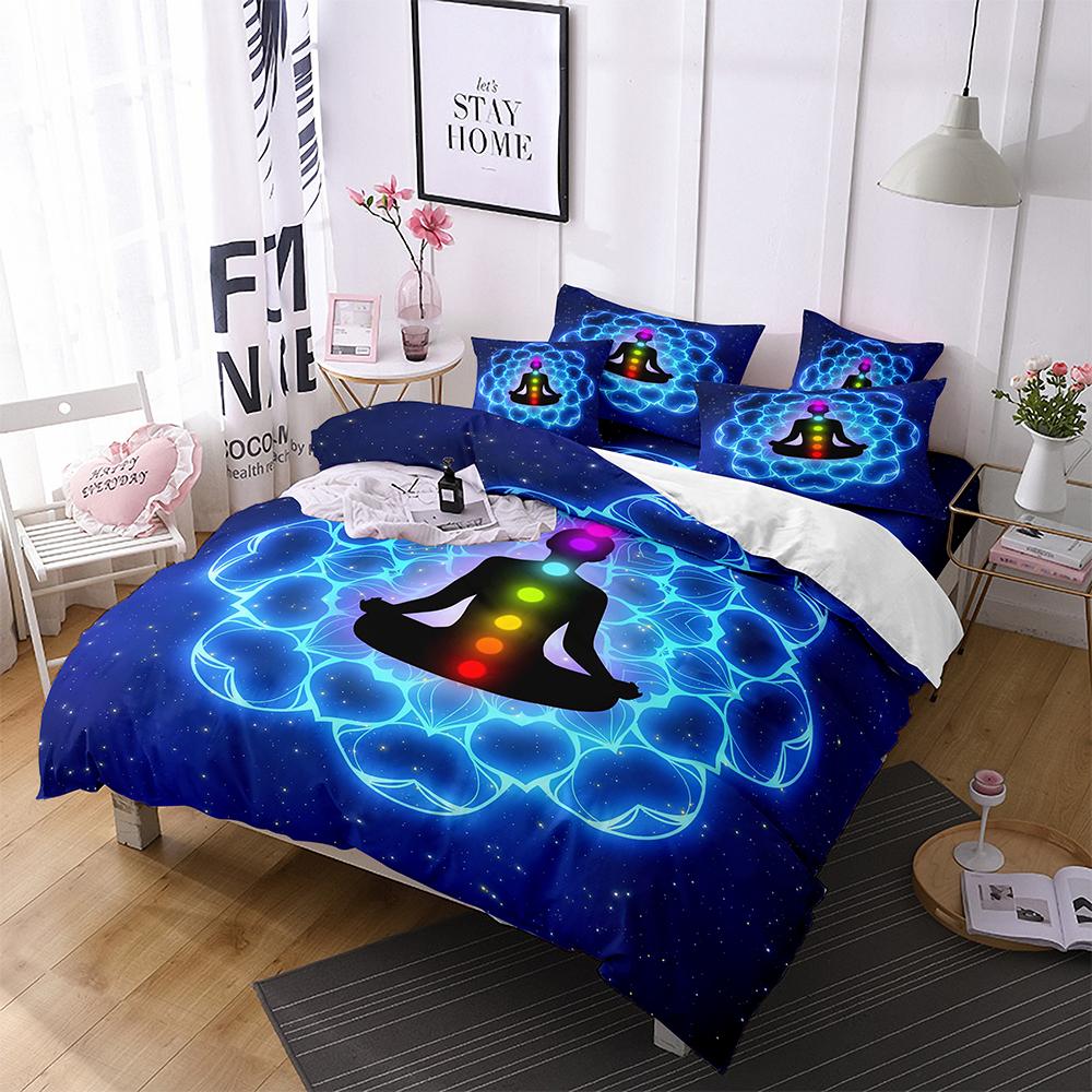 Yoga Duvet Cover King Queen Chakra Meditation Bedding Set Blue Mandala Boho Hippie Style With Chakra Art microfiberQuilt Cover