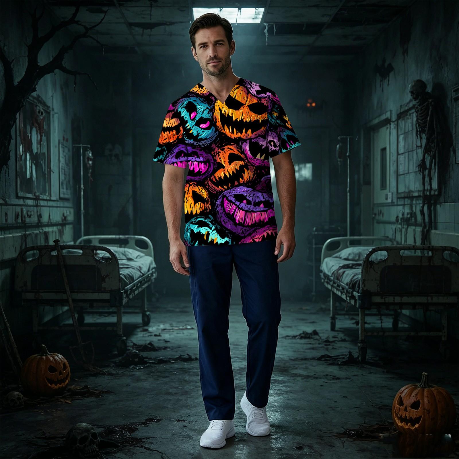 Men s Short Sleeve V-Neck Scrub Top with Chest Pocket Halloween Print XXXXL
