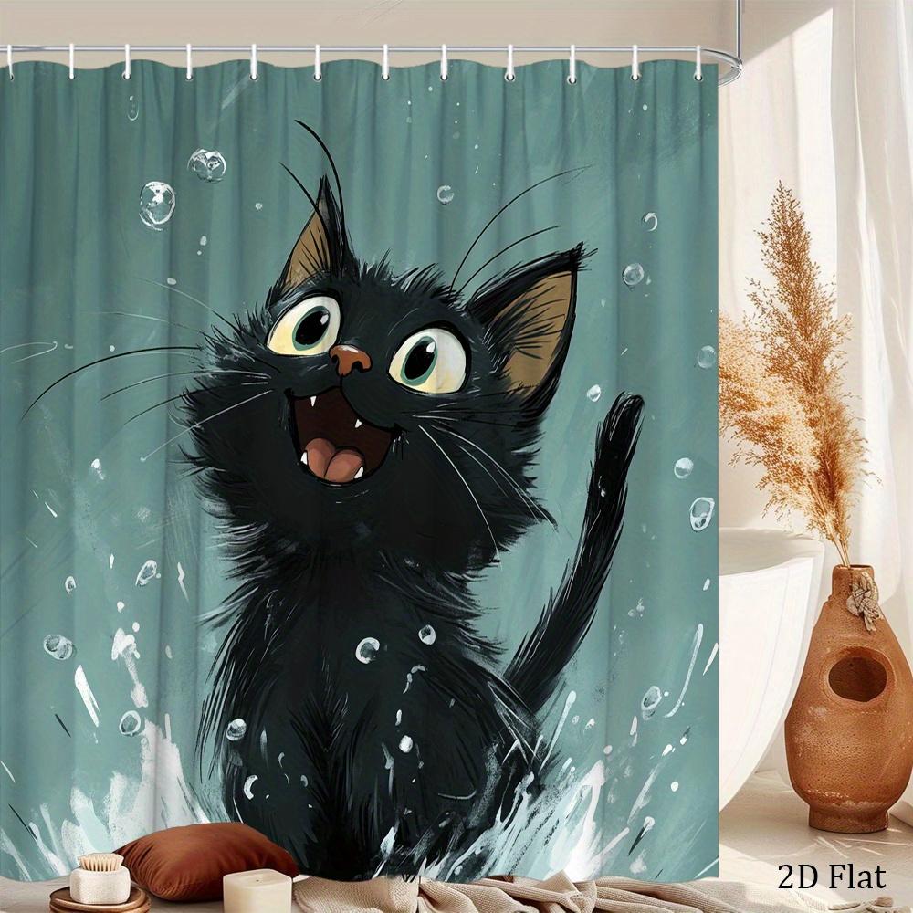 Waterproof Black Cat Shower Curtain Cartoon Art Bathroom Decor Whimsical Splash Pet Shower Liner for Home Bath