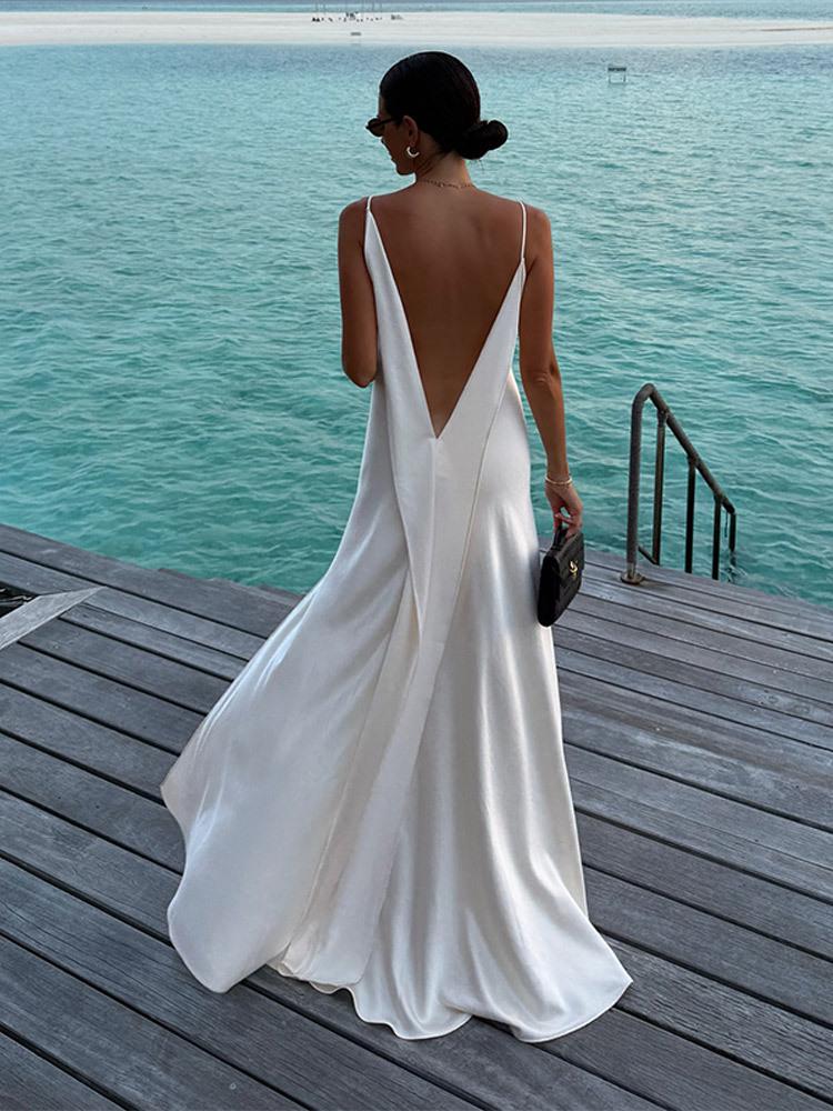 Elegant French Satin Backless Swing Neck Dress for Early Summer 2026