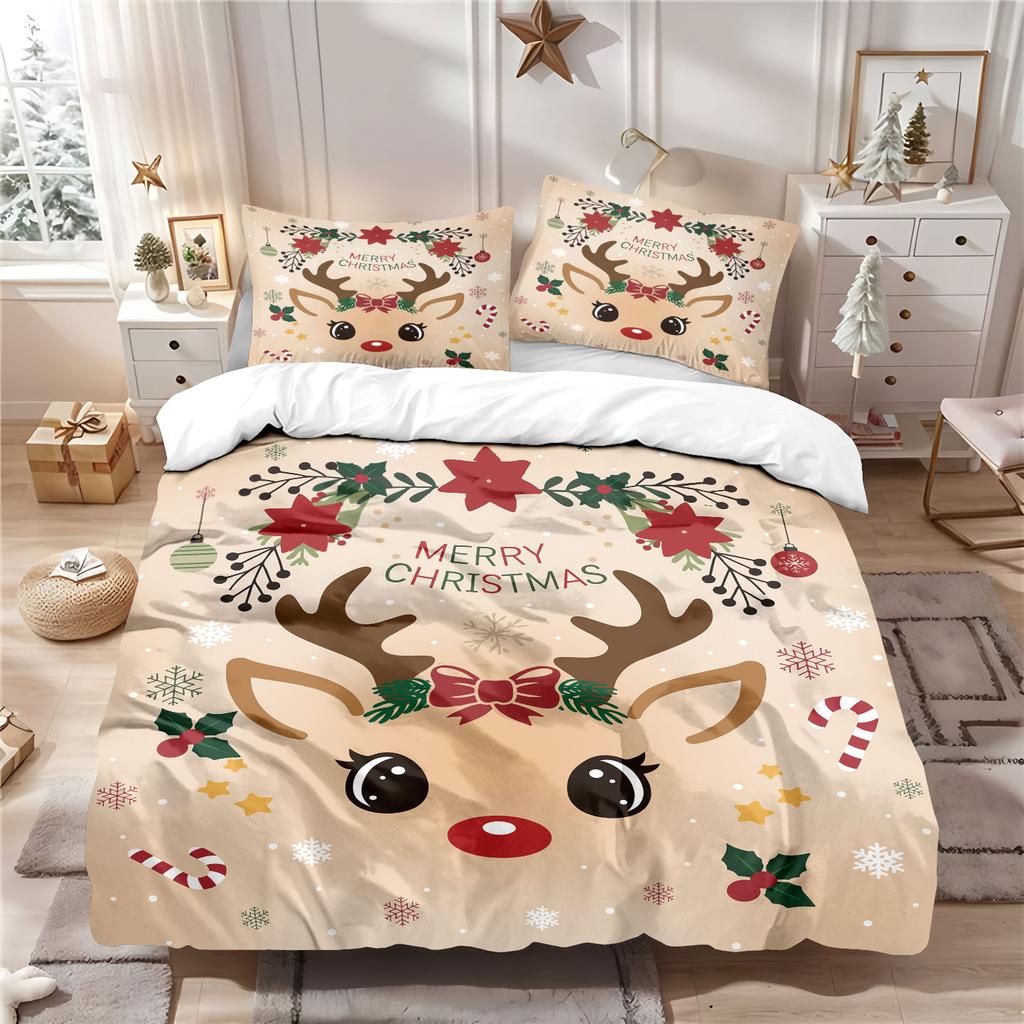 3pcs Christmas Cute Reindeer Printed Chipless Bedding Set, Multi Size Bedding Decoration for Bedrooms and Dormitories, Machine W
