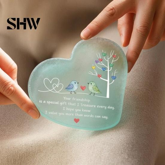 Romantic Heart Decor for Room Shape Acrylic Friendship Ornament with Engraved Verse & Bird Tree, Desktop Decorative Bedside Table Art Home Office