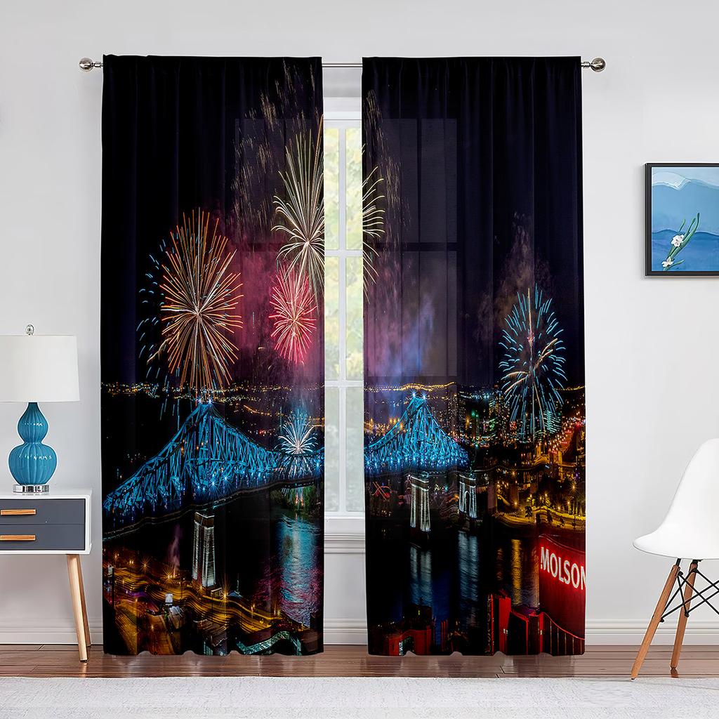 Paesaggio da Sogno Vista Notturna Fuochi d'Artificio Cielo Stellato Tende di Tulle per Decorazione Soggiorno Camera da Letto Chiffon Leggero Voile Tenda da Finestra