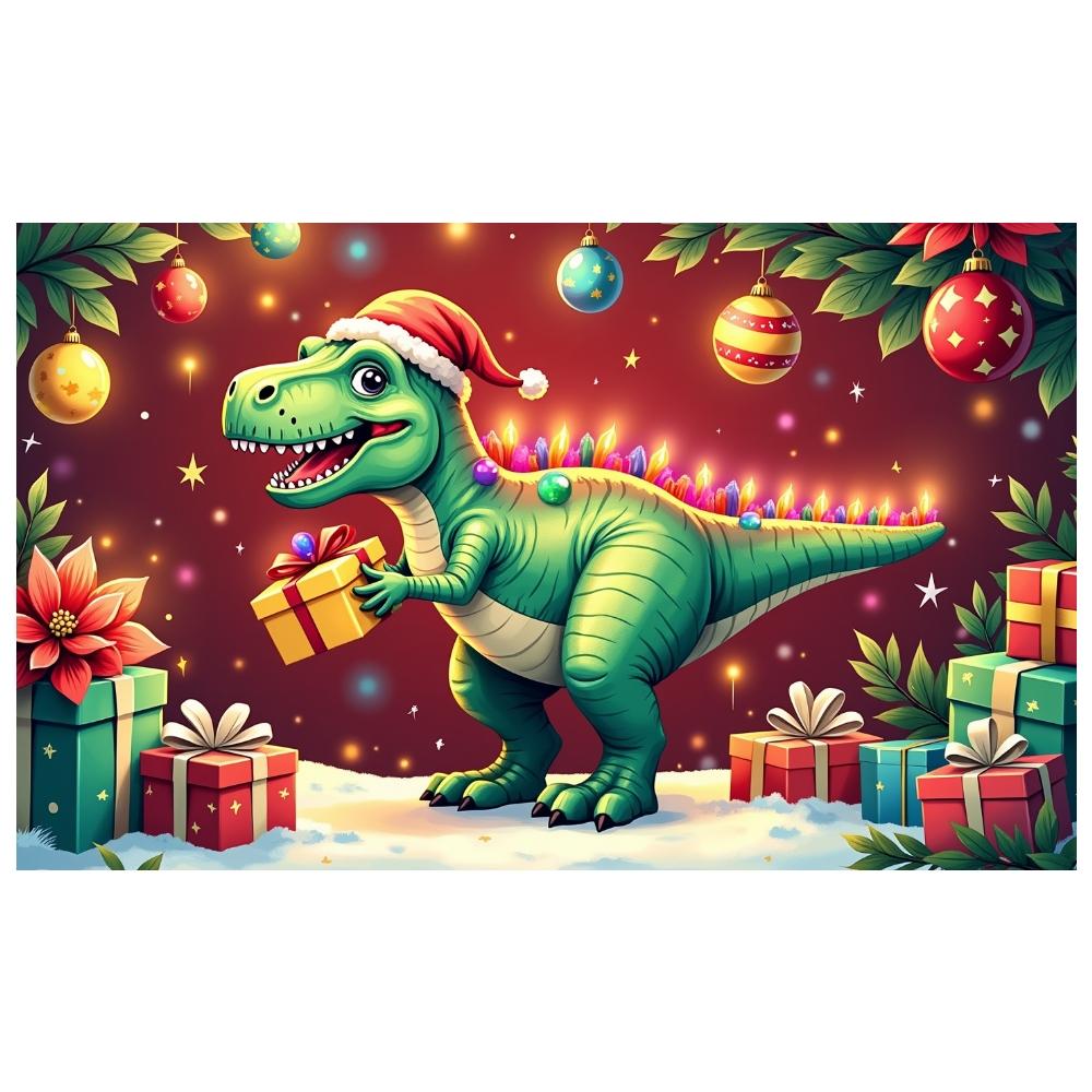 Festive Dino Display Holiday Decor Xmas Gift Backdrop Winter Dino Background Green Dinosaur Gifted Dino Display For Photo Shoot