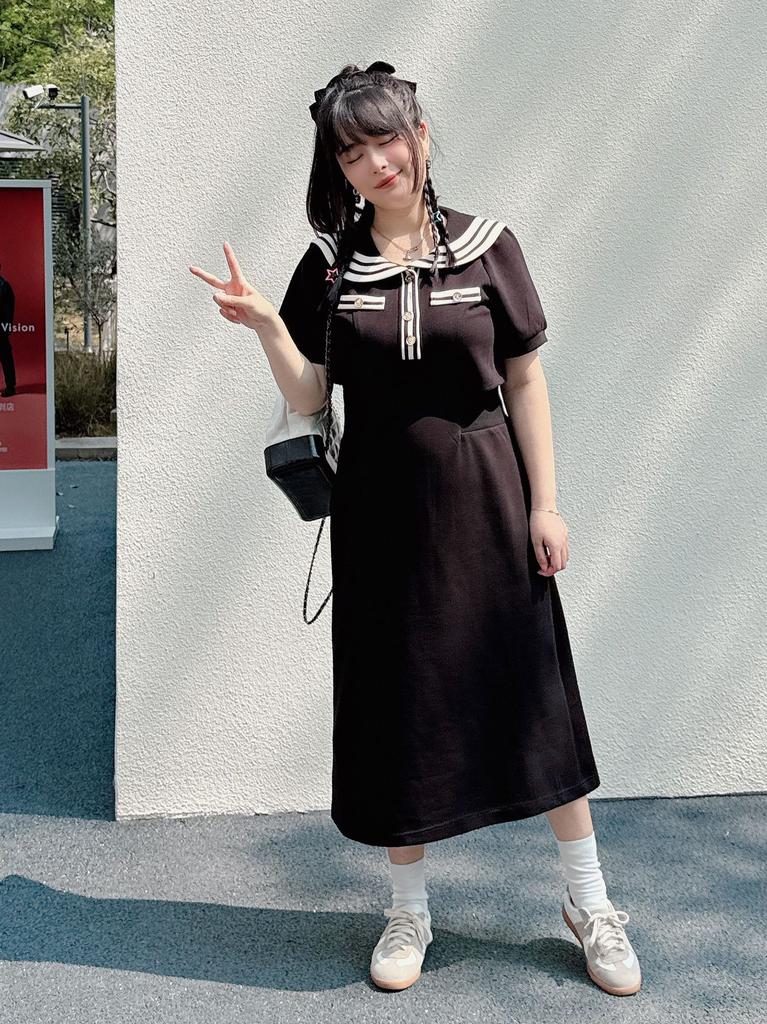 8 large size dress fat mm navy style short sleeves sweet temperament design fake two-piece skirt