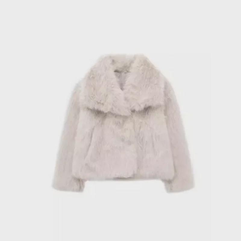 Women's Black Imitation Leather Lamb Wool Coat - Autumn/Winter 2024 Collection