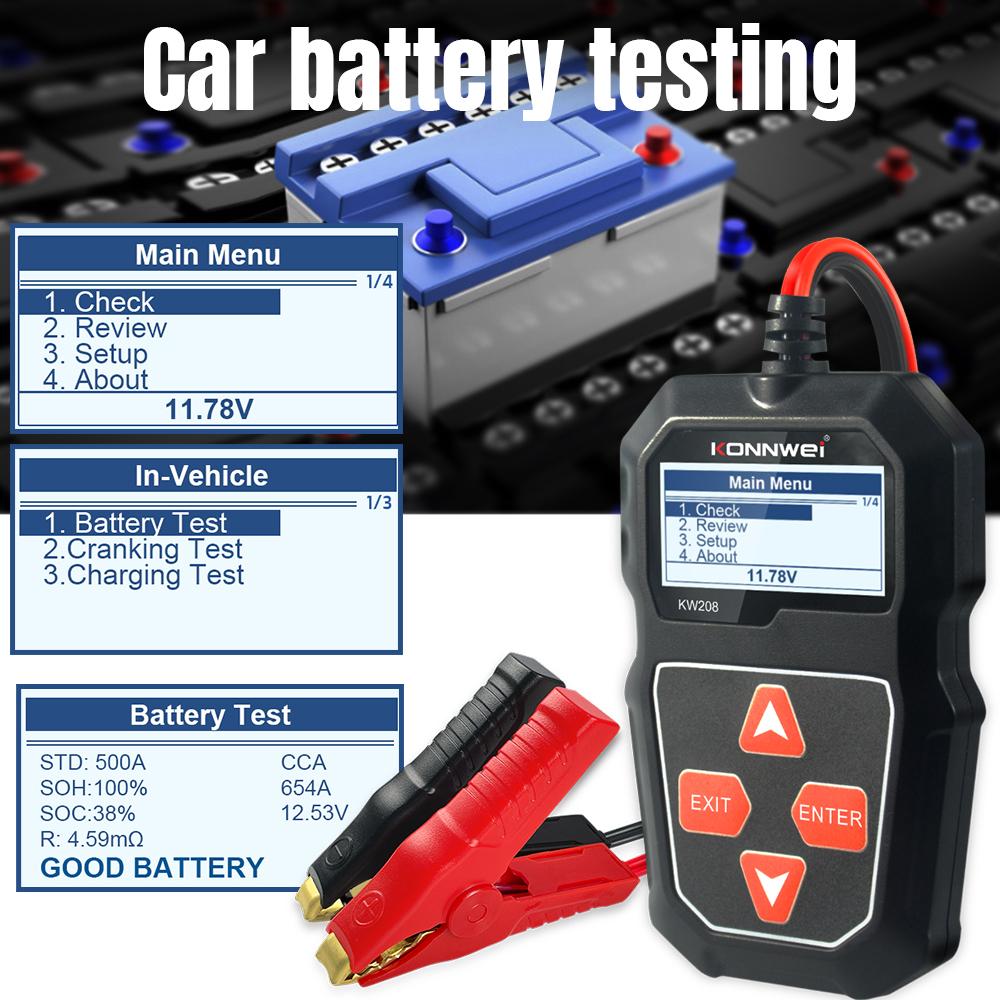 KONNWEI KW208 Battery Tester 12V Automotive Battery Charger Inspection Tools 100 to 2000CCA Cranking Charging Circut Analyzer