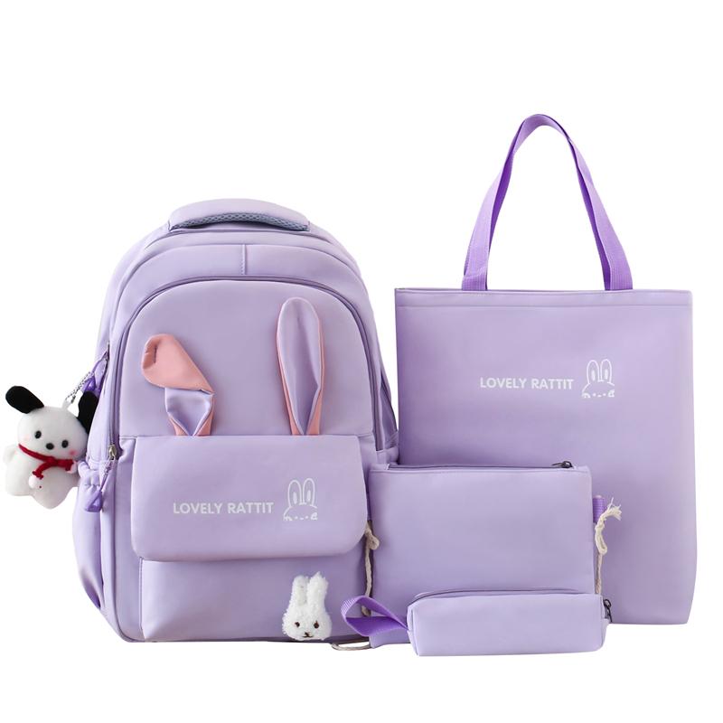 

Женский рюкзак из четырех предметов, школьный рюкзак с заячьими ушками, большой вместительный рюкзак для защиты позвоночника фиолетовый