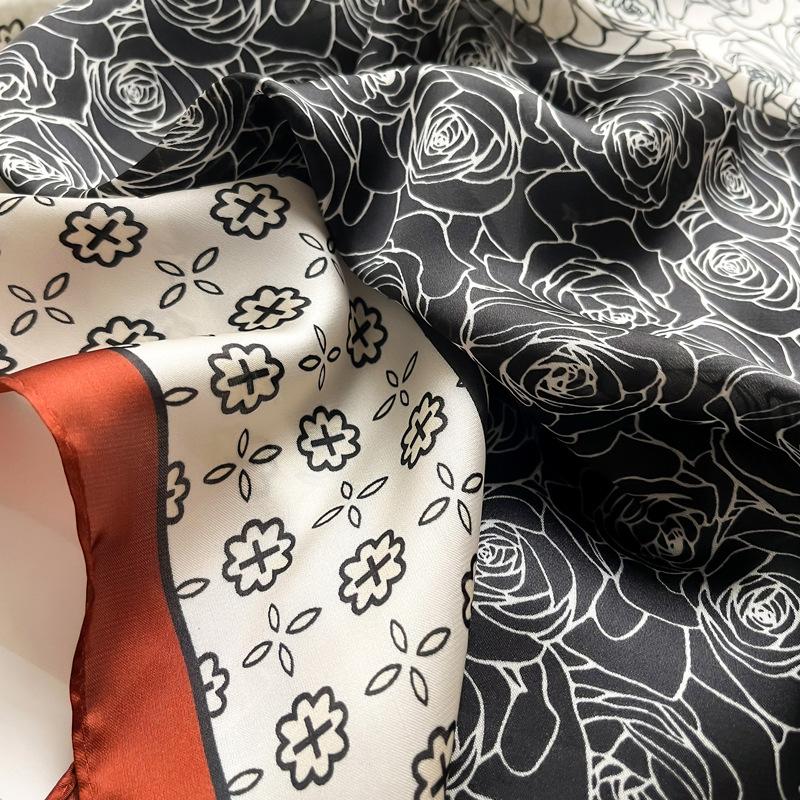 Rose Flower Print Square Scarf for Women Satin Fashion Wraps Neckerchief Female Hair Bands Headband Bandana 70X70CM