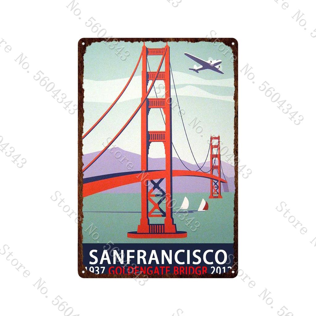 City Landscape Vintage Metal Sign Paris San Francisco Los Angeles Dubai Travel Scenery Tin Plates Home Decoration Metal Poster