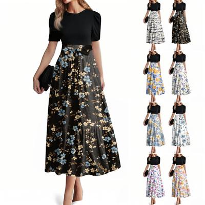 Women's Fashion Casual Belt Short Sleeve Round Neck Stitching Elegant Temperament Dress