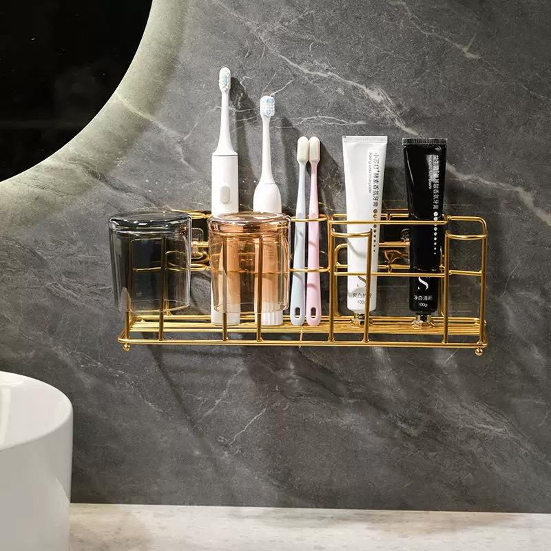 Accessible Luxury Electric Toothbrush Rack Punch-Free Toilet Bathroom Wall Hanging Toothbrush and Cup Toothpaste Storage Rack
