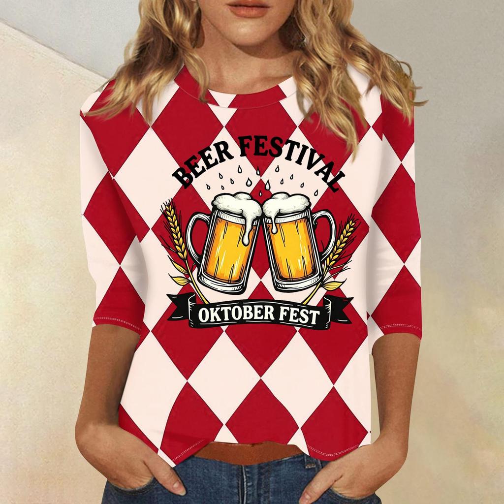 Women's Casual Three Quarter Sleeve Round Neck Top with Beer Festival Print Oktober Fest Pattern Lightweight Comfortable Fit