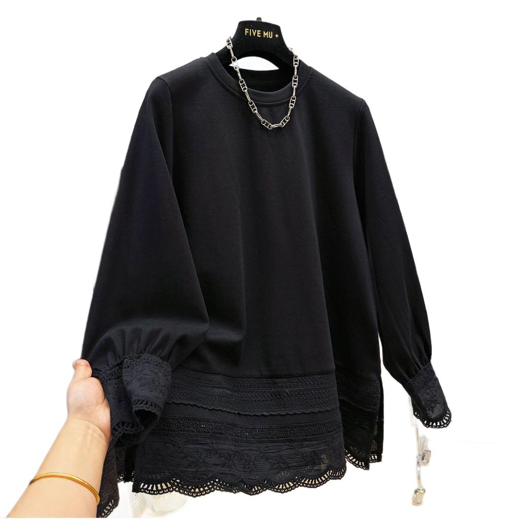 Korean Hollow Lace Patchwork Long Sleeve T-shirt - Women's Autumn/Winter Loose Style Base Layer